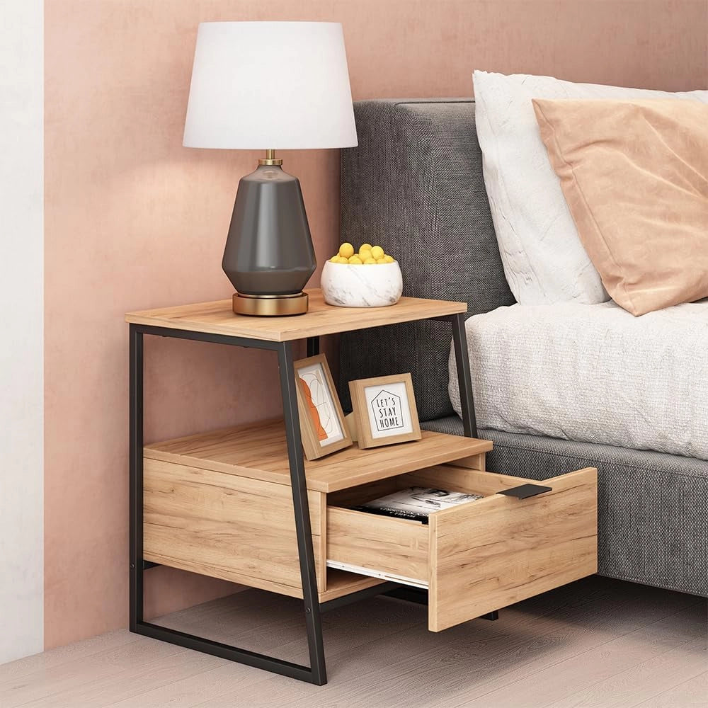 Comodino Lunor, Rovere rustico/nero, Set di 2