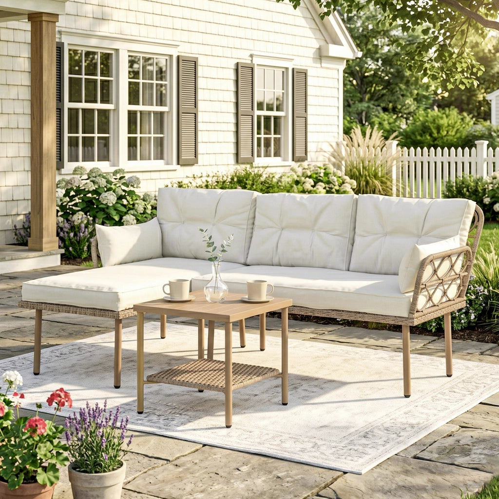Set Giardino 3 Pezzi con Chaise Longue, Divanetto, Tavolino e Cuscini ¨C zephmum ¨C Rattan, Acciaio, Bianco Crema e Legno