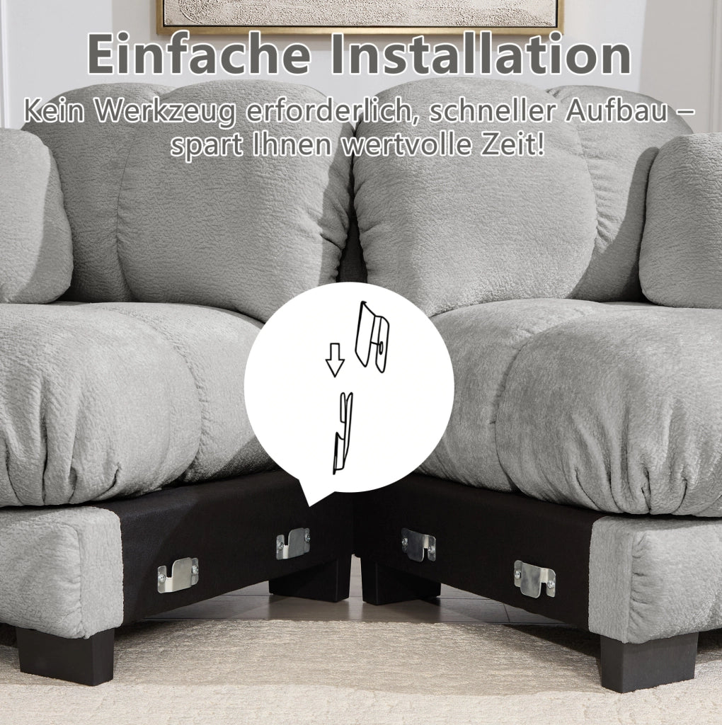 Divano modulare in chenille 260x86x90 cm con cuciture trapuntate; cuscini spessi; grigio chiaro