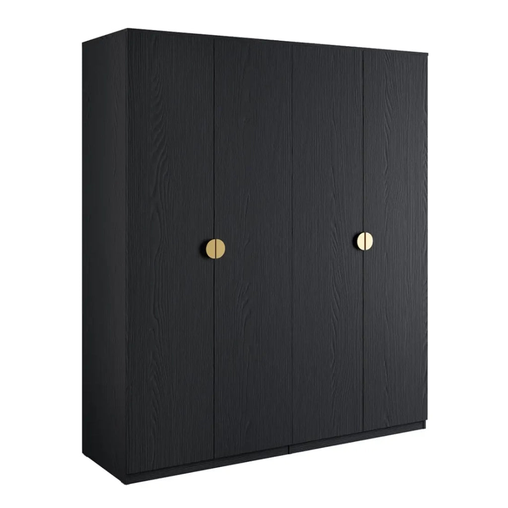 Armadio 4 porte nero strutturato e dorato – 2 appendiabiti + 4 scaffali – Collezione MONDO