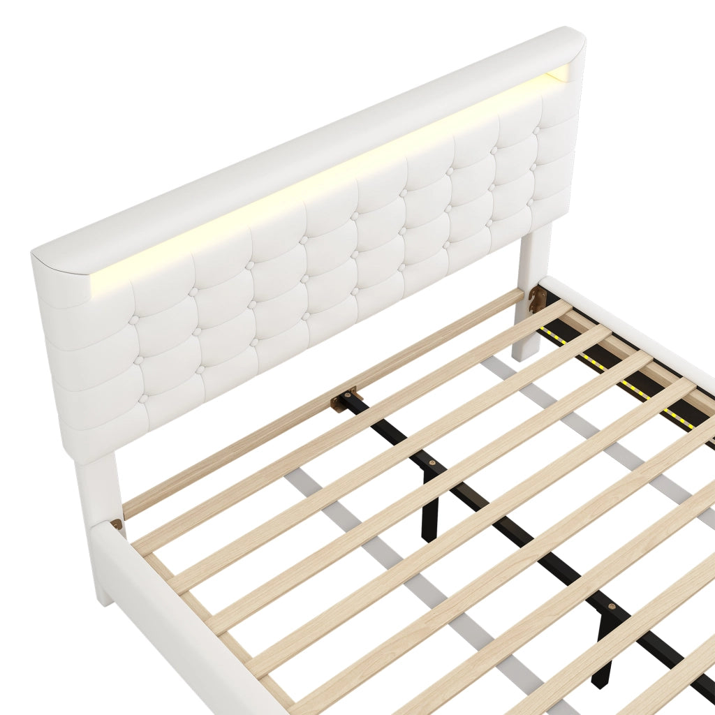 LETTO Flottante 140x200 cm in PU Bianco con LED e testiera regolabile