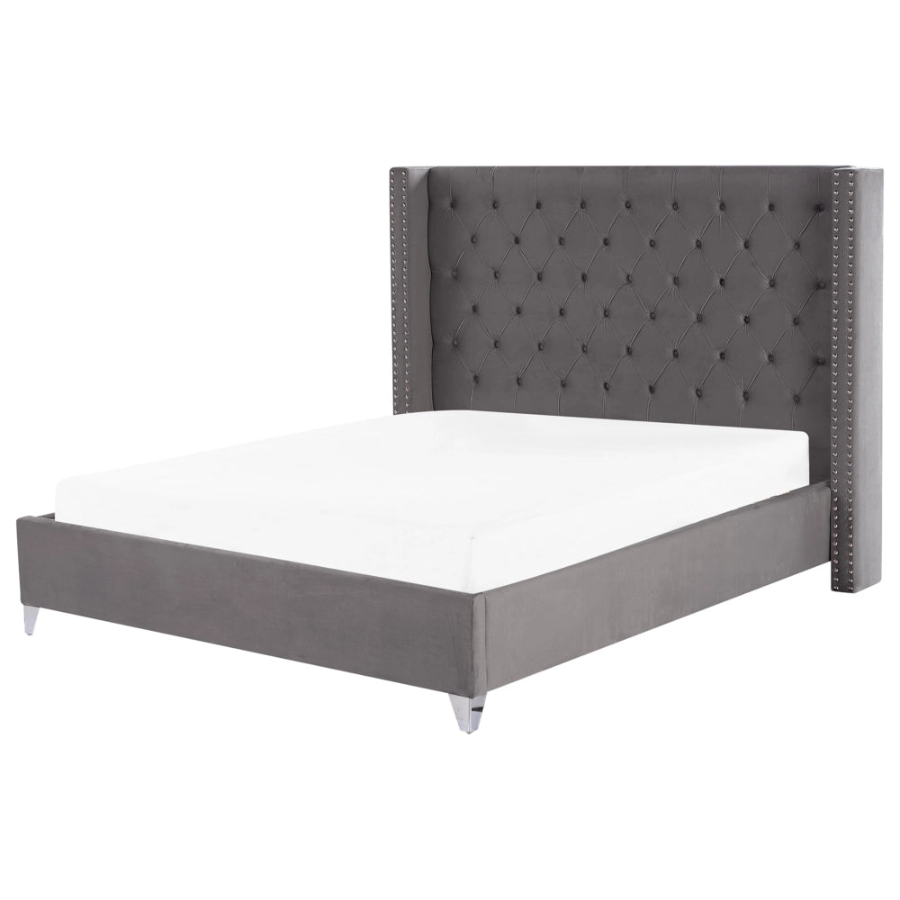 Letto a doghe Velluto grigio imbottito Poggiatesta trapuntato borchie 180 x 200 cm Glam Design