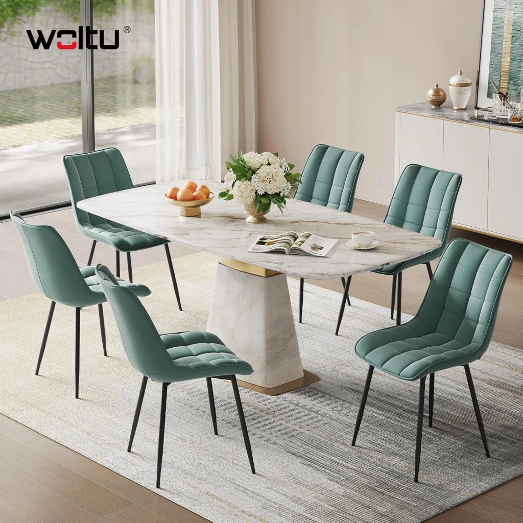 BH142ts-6 Sedie Sala da Pranzo Design Retrò Sgabello Imbottito con Rivestimento in Velluto Azzurro 6 Pezzi