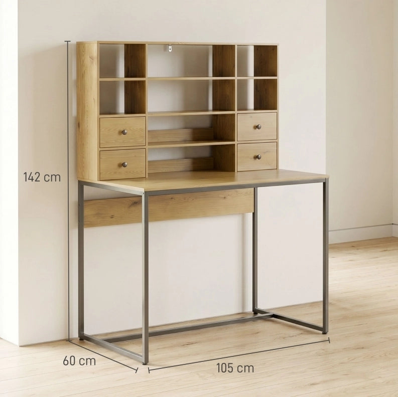 Scrivania con contenimento 105 cm in legno naturale， 4 cassetti e ripiani per studio
