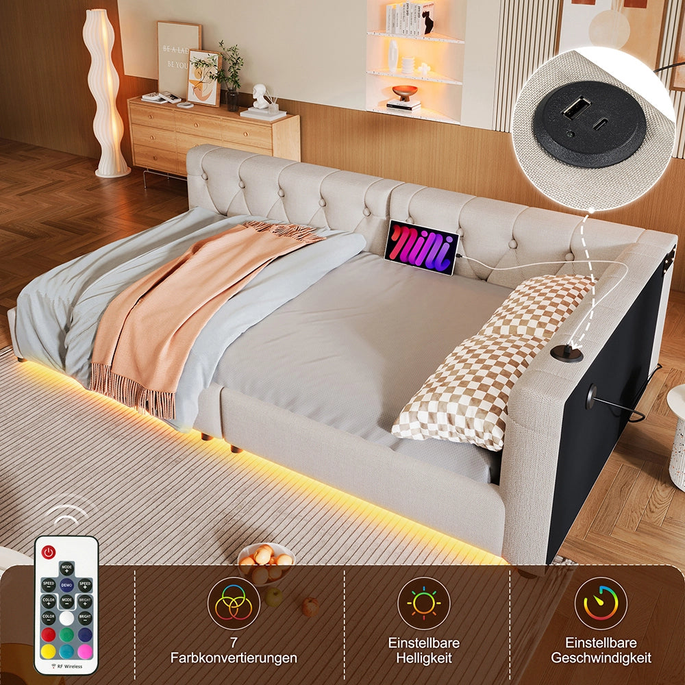 Divano letto daybed - Xylo - 90x200 cm LED USB testiera imbottita beige