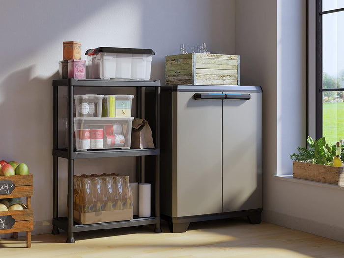 Armadio basso Linear in resina con ripiano regolabile colore grigio nero Keter