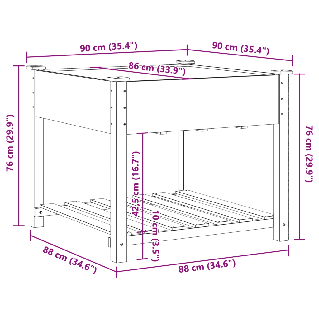 Vaso da giardino  con ripiano 90x90x76 cm in legno massello di abete