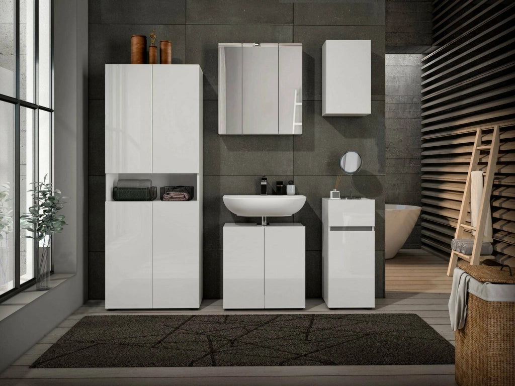 Mobile sottolavabo Vione, Mobiletto da bagno, Contenitore porta lavabo, Armadio per lavandino, Made in Italy, Bianco lucido, 60x34h62 cm