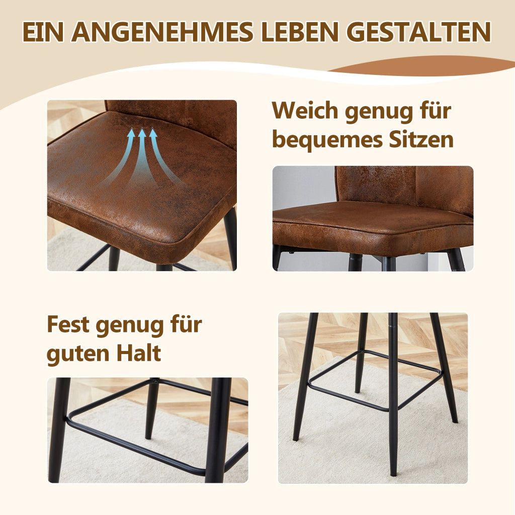 Sgabelli da bar, 2 pezzi in tessuto marrone con schienale ergonomico, poggiapiedi e struttura in metallo nero, 54 × 49,5 × 53 cm