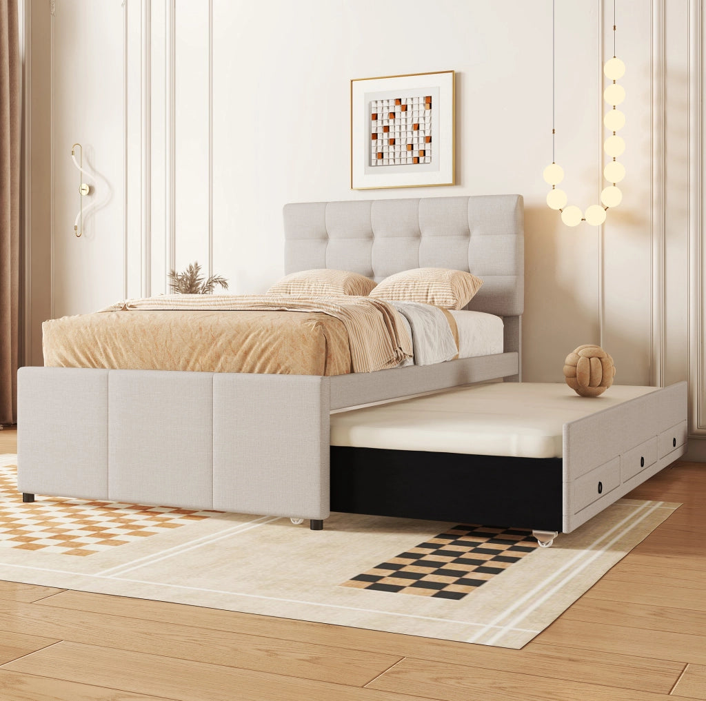 LETTO imbottito estraibile 90x200 cm lino beige con 3 cassetti