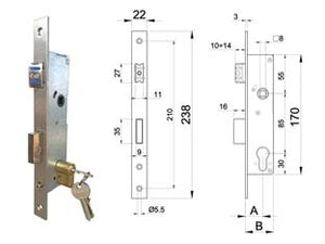 SERRATURA DA INFILARE PER MONTANTI- - entrata mm.20 art. 2505020 - 1 pezzi IBFM