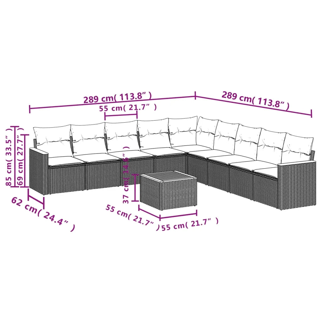 Set Divani da Giardino 10pz con Cuscini in Polyrattan Nero 3226063