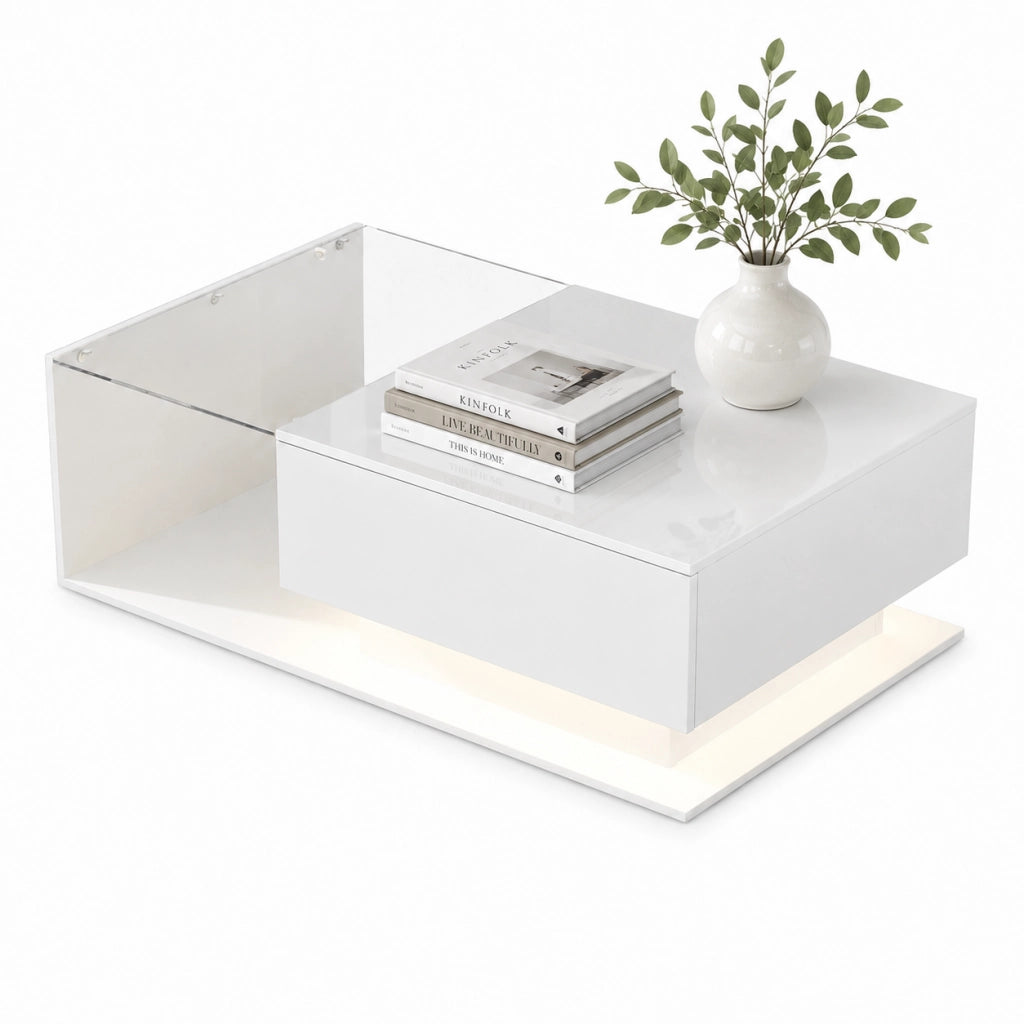 Tavolino da salotto 100x50x32 cm; con LED intelligente e cassetto; truciolato; bianco