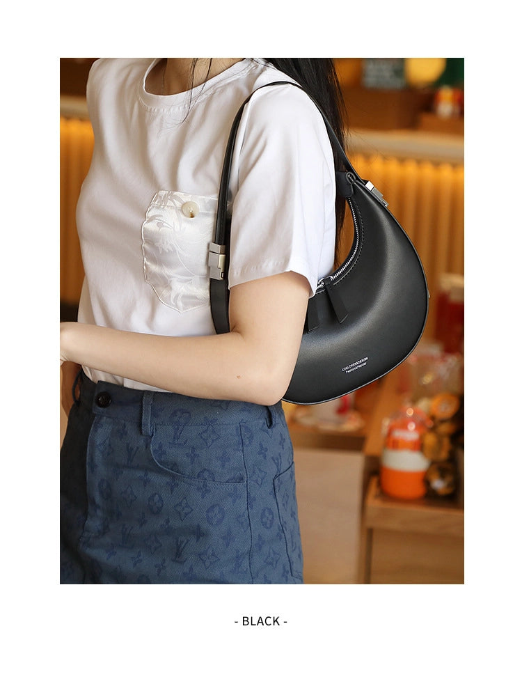 Borsa a tracolla da donna in vera pelle, modello Crescent Bag Moon Bag, colore nero.
