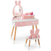 Toeletta con specchio a forma di coniglio per bambini, Set tavolo e sedia toeletta con cassetti e sgabello Rosa-Toelette per bimbi