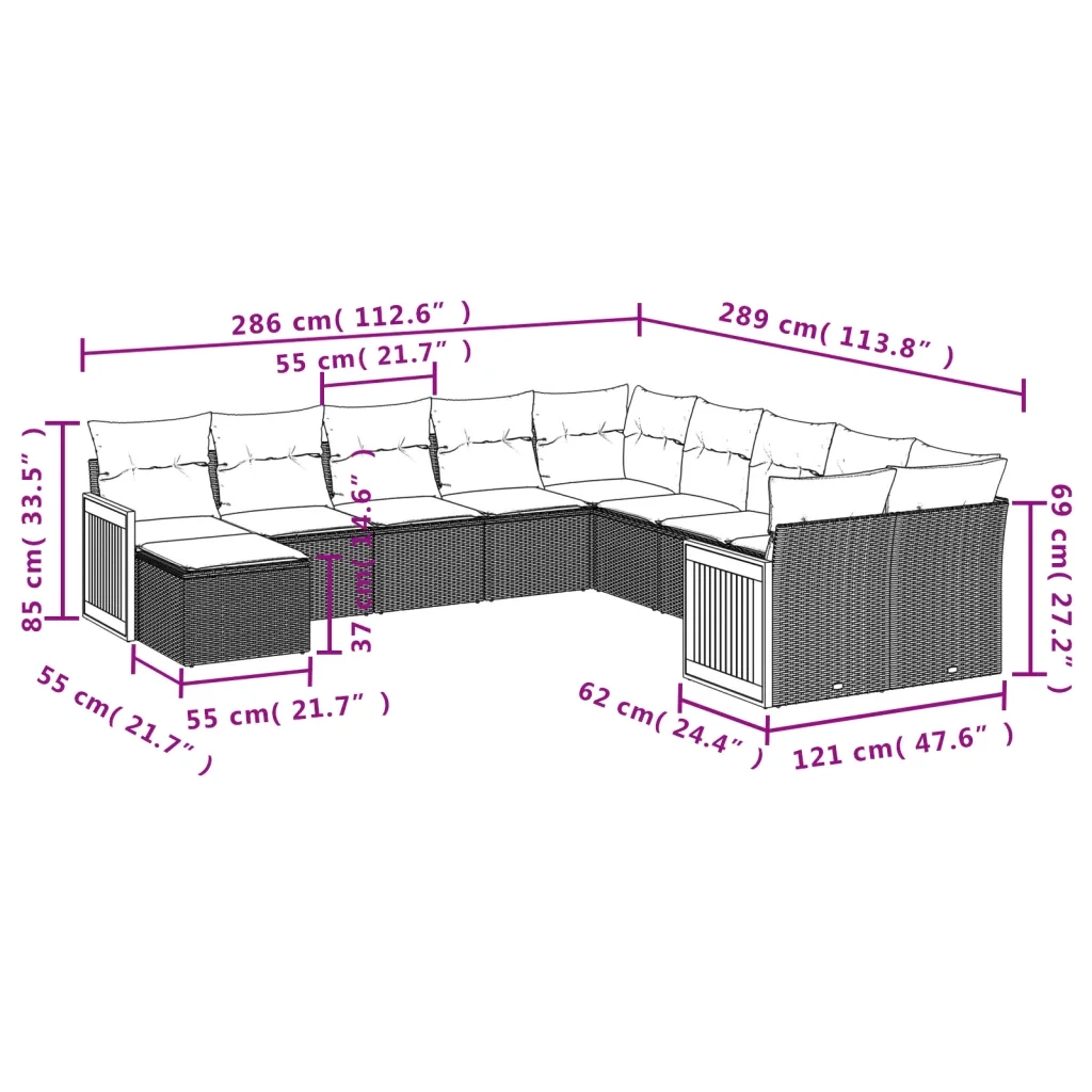 Set Divani da Giardino 11 pz con Cuscini in Polyrattan Nero