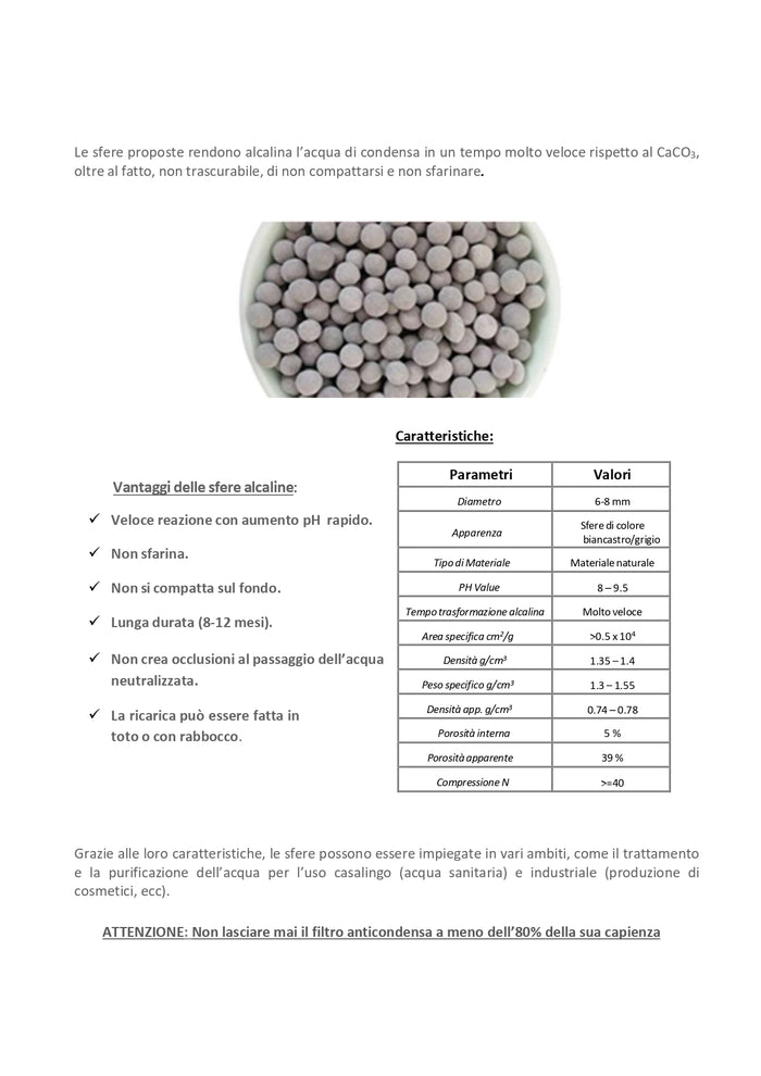 Ricarica monodose da 100 g con sfere alcaline per neutralizzatore di condensa acida per caldaie DH