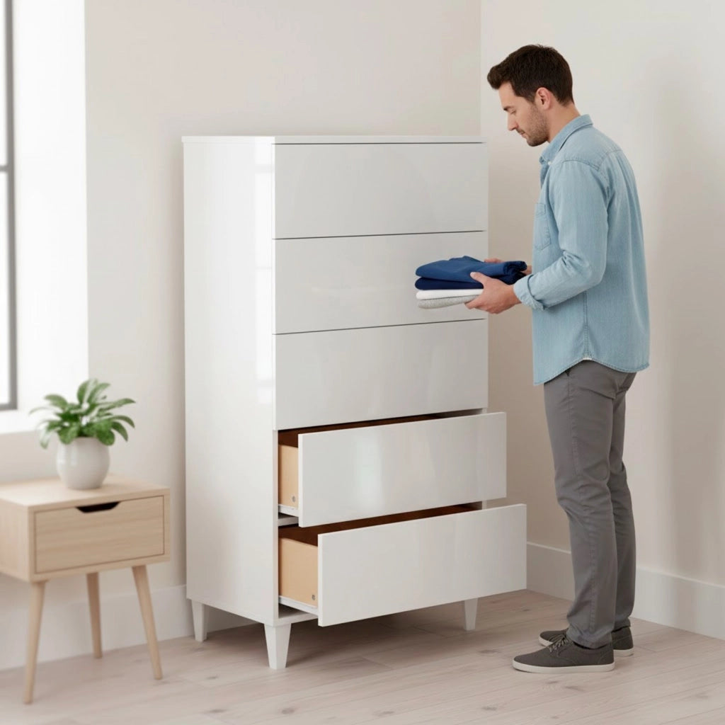 Cassettiera Settimino Con 5 Cassetti Stile Moderno Con Piedini E Struttura Compatta In Melaminico Antigraffio Per Camera Da Letto 60 X 40 X 117 Cm Bianco Lucido