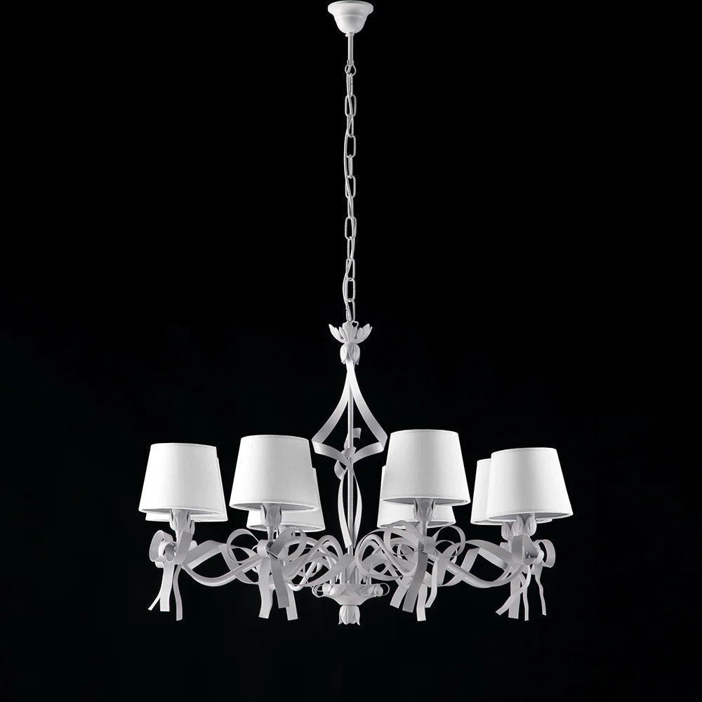 Lampadario Shabby Chic Lucy Bianco 8 Luci Paralumi Bianchi