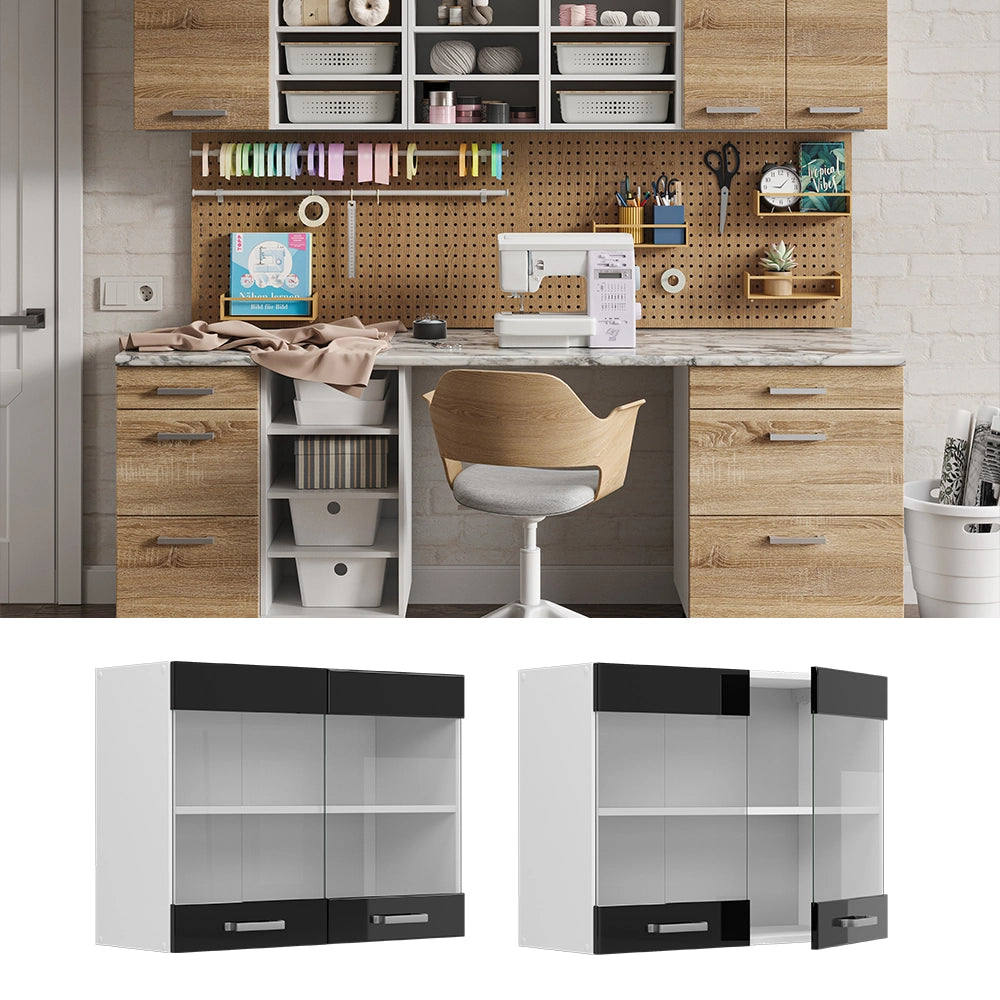 Vicco Pensile universale Nero lucido 80 cm con ante in vetro