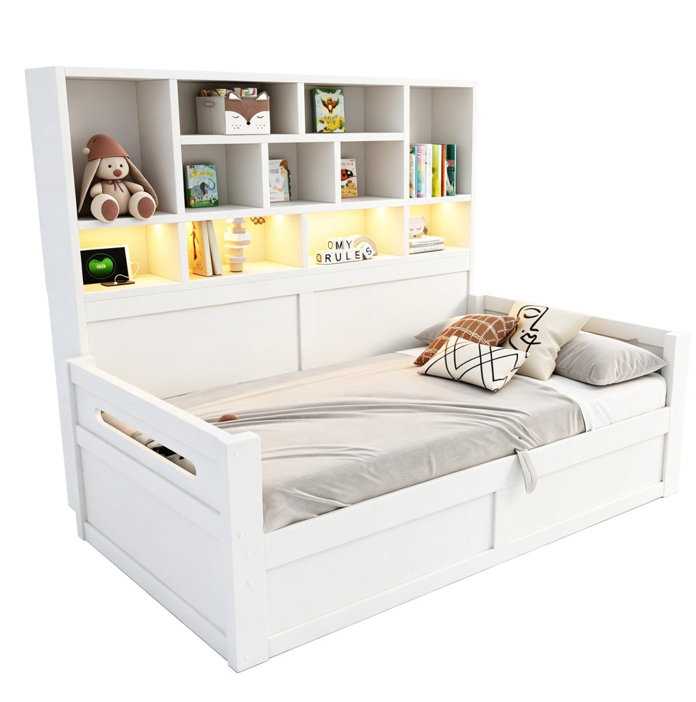 Letto singolo multifunzione ULEVR 90x200 cm con vano idraulico, LED e prese, MDF bianco