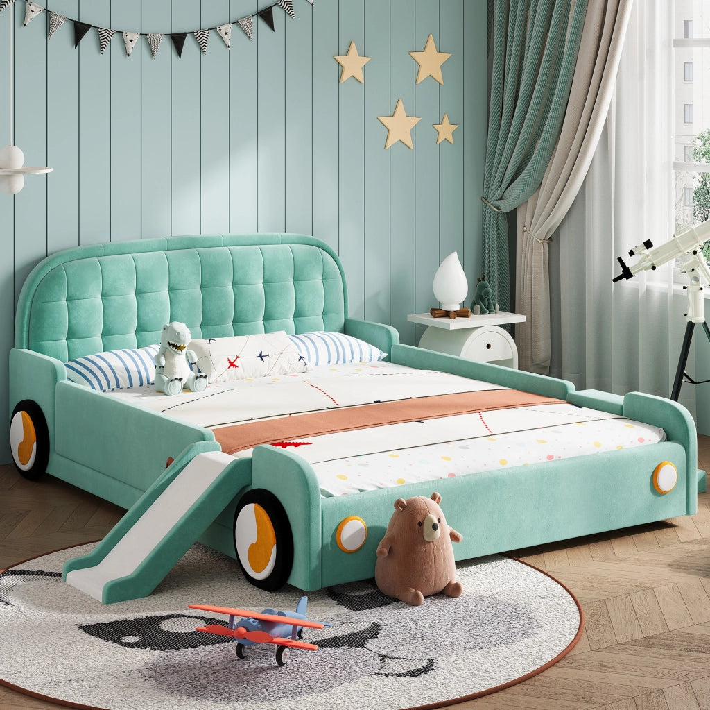 Letto per bambini 140x200 cm a forma di auto con scivolo e scala reversibili in velluto blu-verde