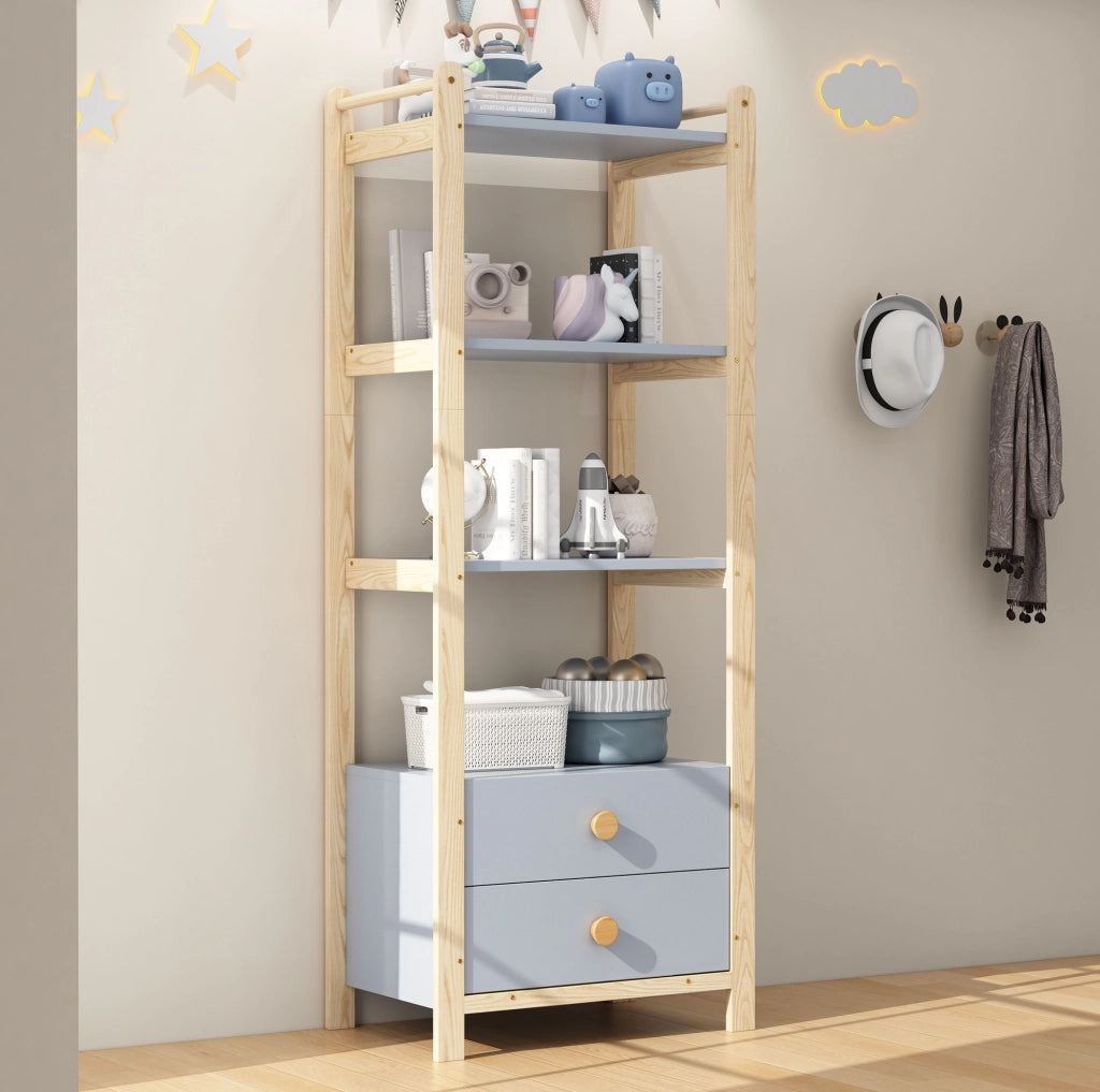Libreria autoportante blu e legno con 4 ripiani e 2 cassetti, 70x45x180,5 cm