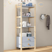 Libreria autoportante blu e legno con 4 ripiani e 2 cassetti, 70x45x180,5 cm