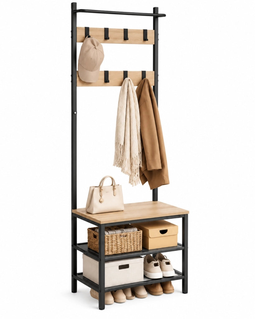 Appendiabiti da terra in stile loft con ripiani per scarpe, marrone chiaro, 178 x 64 x 32 cm