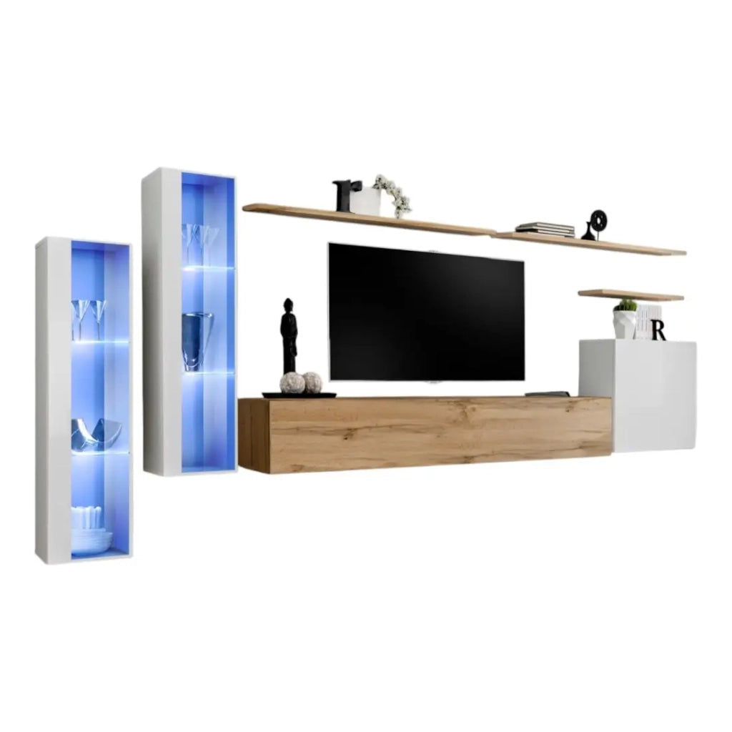 Set di mobili da soggiorno a parete SWITCH XI design, colore rovere Wotan e bianco lucido.