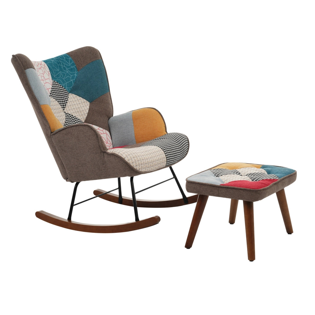 Poltrona a dondolo con poggiapiedi patchwork multicolore; 69;5x50x88;5 cm; legno massello e ferro