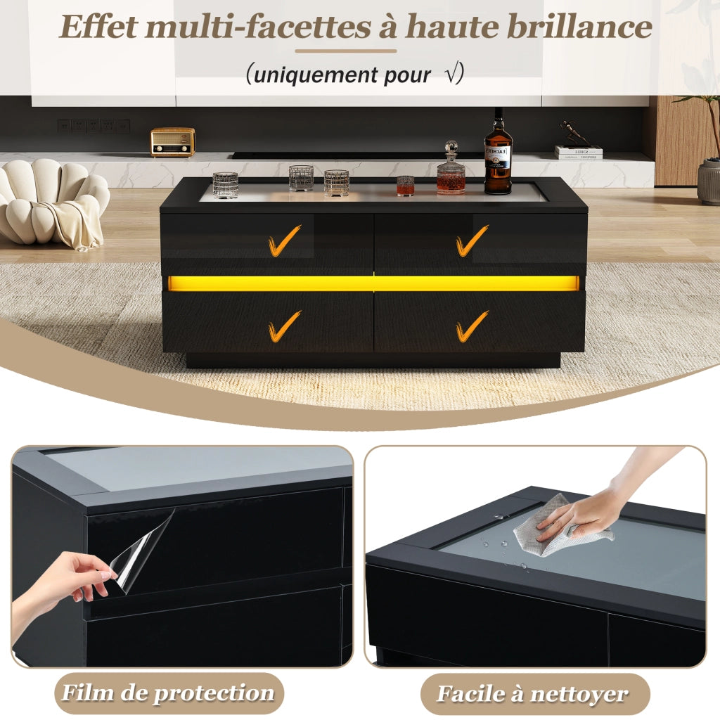Tavolino da caffè con 4 cassetti e illuminazione LED; piano in vetro temperato; in truciolare nero; 100 × 50 × 40 cm
