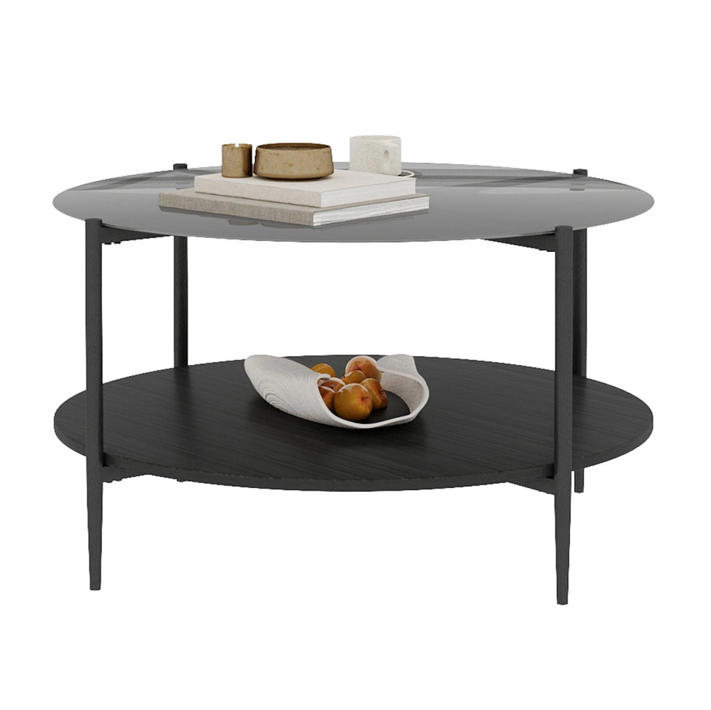 Tavolino da caffè rotondo 2 ripiani vetro nero Ø82 cm