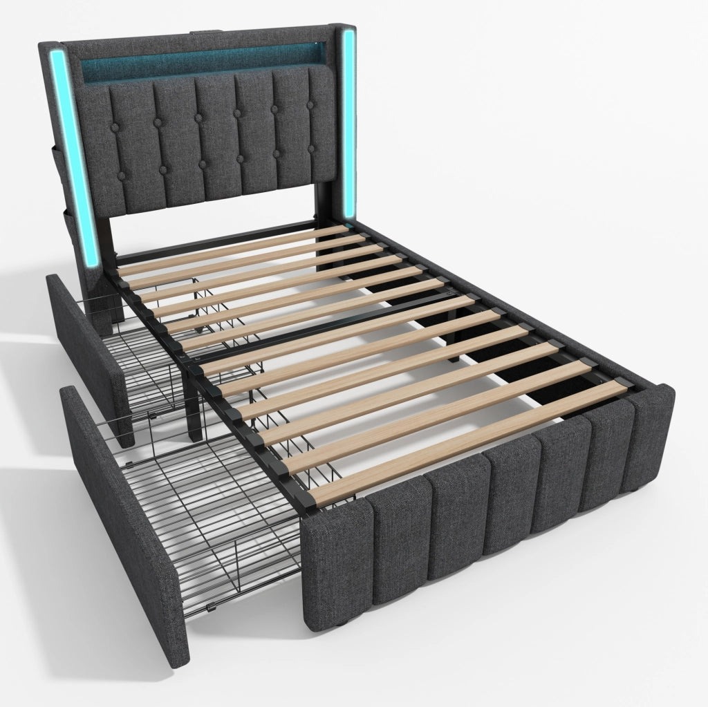Letto singolo imbottito ULEVR 90x200 cm con materasso, LED, USB/Type-C e 2 cassetti, grigio