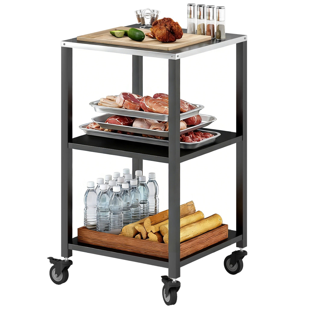 Tavolo da giardino 3 piani con ripiano in acciaio inox e ruote ¨C zephmum ¨C 50x50x90 cm nero