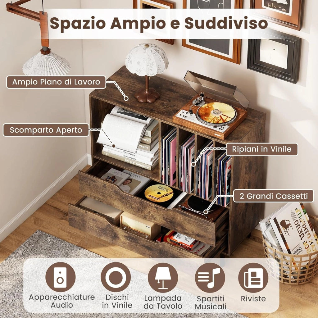 Supporto per Giradischi, Porta Dischi Vinile con 4 Ripiani per Vinili e 2 Cassetti, Armadio per Dischi Fino a 250 Album, per Soggiorno, Studio e Camera da Letto, 91 x 35 x 87 cm (Marrone)