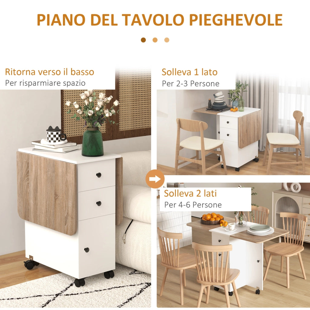 Tavolo pieghevole con cassetti e armadietto ¨C zephmum ¨C Bianco e rovere, 120x60x76.5 cm