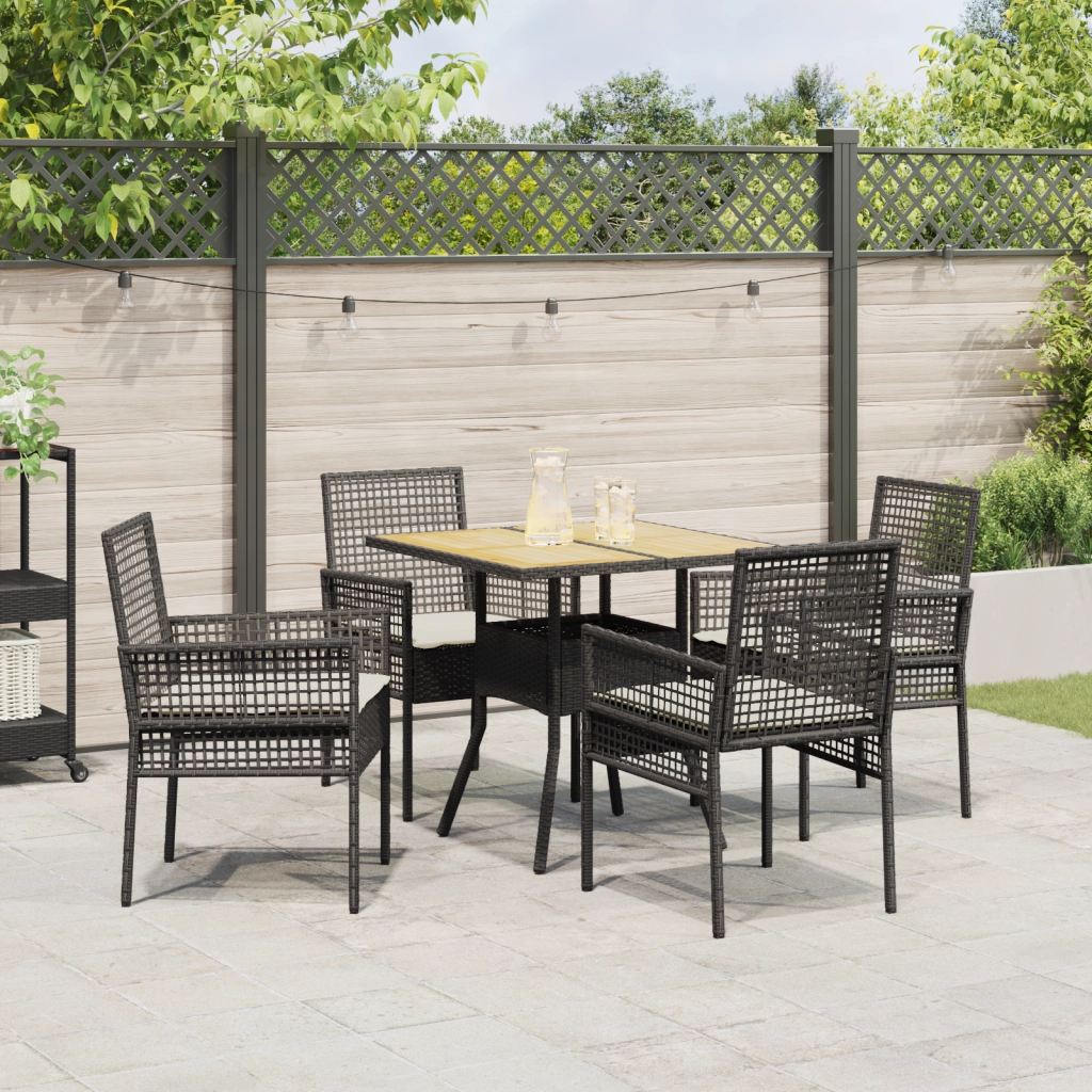Set da pranzo da giardino in 5 pezzi con cuscini neri in polyrattan