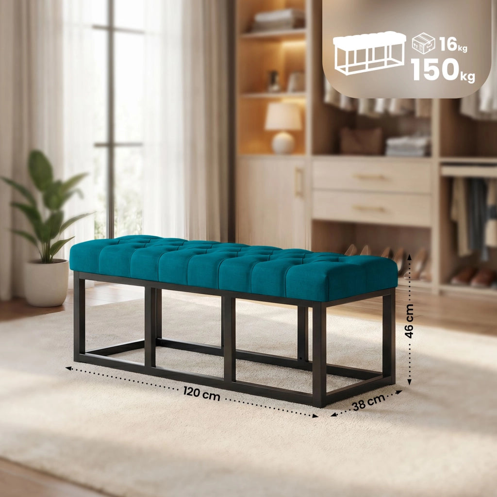 Panca design AMUN in metallo nero opaco e tessuto blu,120 cm