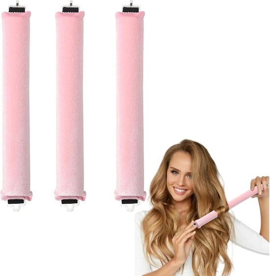 3 pezzi - Borsetta per capelli a rulli - per capelli corti e lunghi - nastro di seta - segreto ondulato - Senza calore - rosa