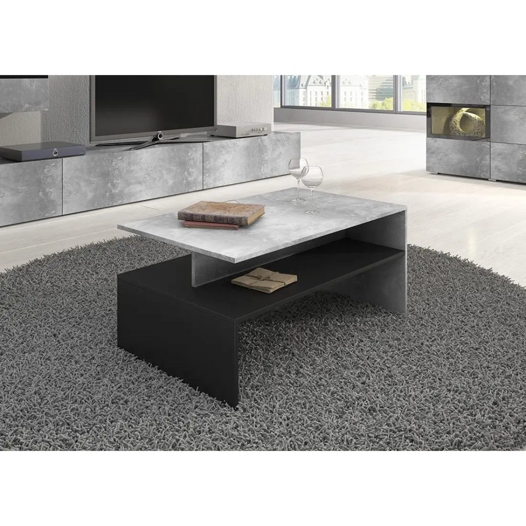 Tavolino da salotto design RAMOS – Effetto cemento grigio e nero – Piano con contenitore – 100 x 60 cm