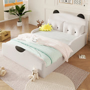 Letto a piattaforma 140x200 cm con testiera imbottita a forma di orso; in lino; bianco