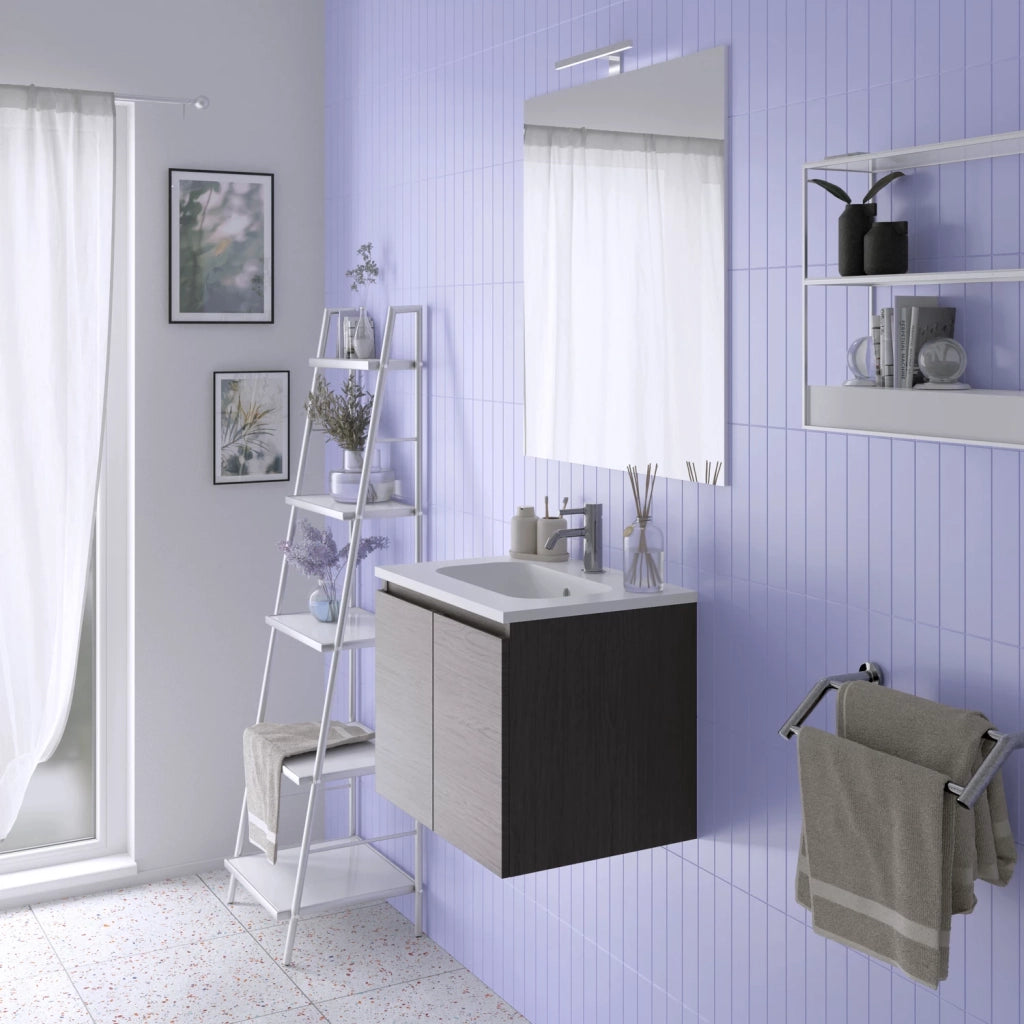 Mobile da bagno sospeso 60cm rovere scuro con lavabo e specchio | Rata