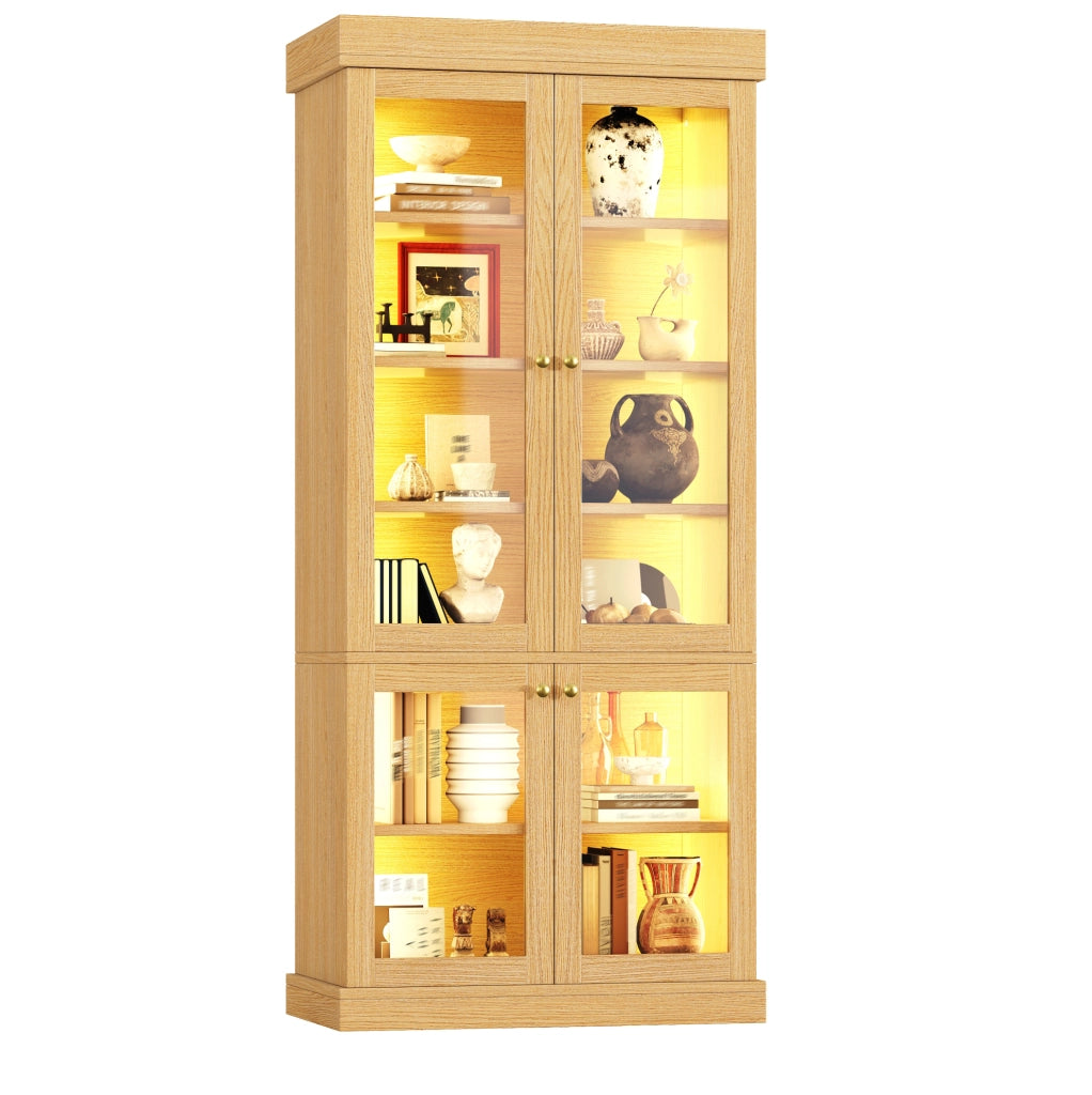 Armadio alto con LED multicolore, vetro e ripiani effetto legno