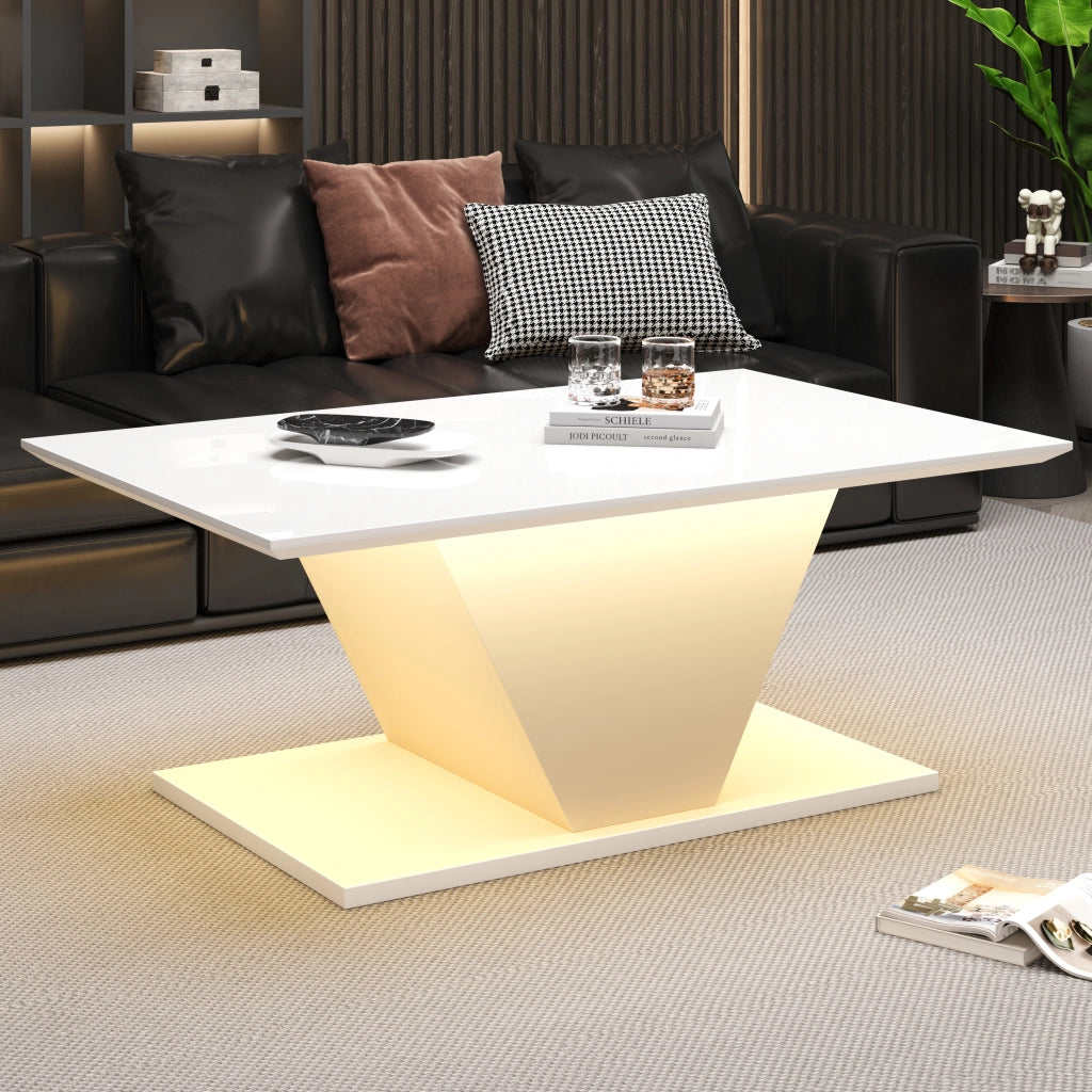 Tavolino da caffè 100x50x46 cm; illuminazione LED e forma a V; truciolato; bianco