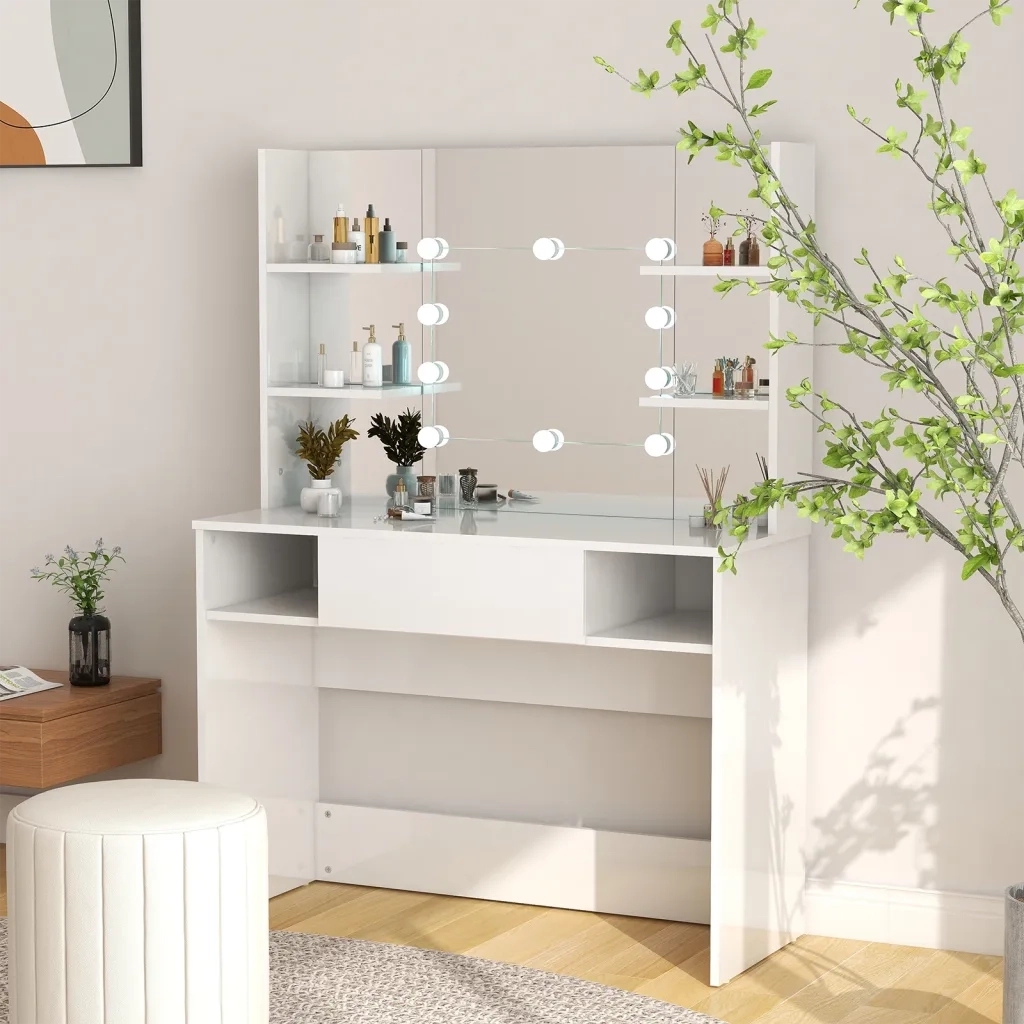 Toeletta | Tavolo da Trucco con Luci LED 100x40x135 cm in MDF Bianco Lucido
