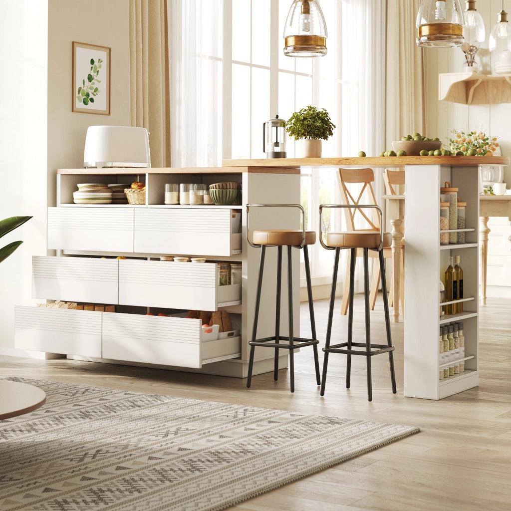 Tavolo allungabile con 6 cassetti e vani aperti, su ruote, per soggiorno e cucina, in MDF bianco, 137-215 × 39 × 102.3 cm
