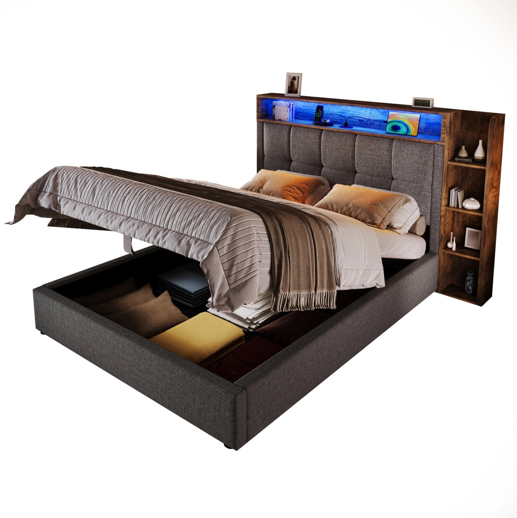 Letto imbottito 90x200 cm con LED, USB e ampio spazio contenitivo