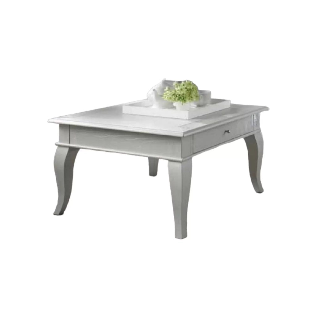 Tavolino shabby quadrato 1 cassetto legno massello bianco l.80 p.80 h.48 - Mobili 2G