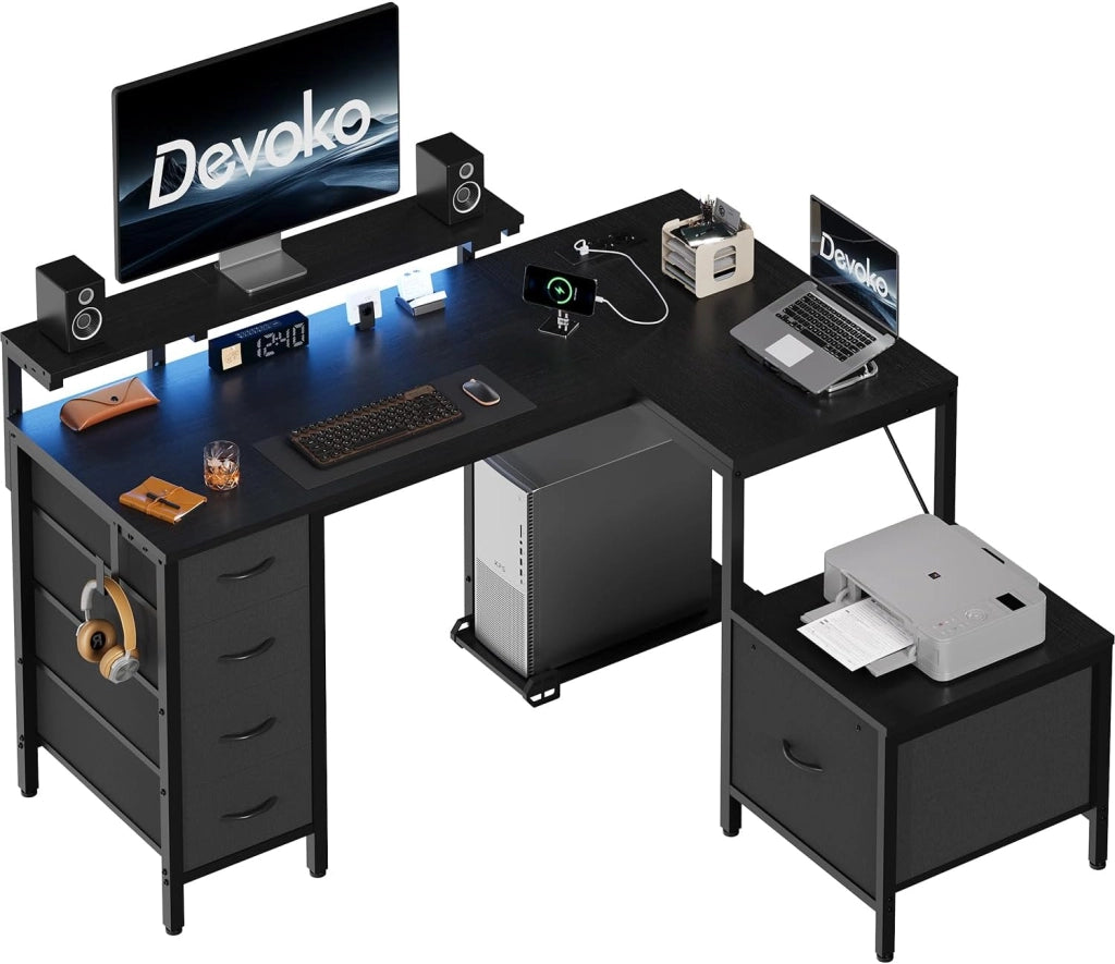 Scrivania Gaming Angolare Con Led E Prese,160 x 120 cm Tavolo Gaming Con 3 Cassetti In Tessuto, Scrivania Angolare Con Supporto Per Monitor Per Casa Ufficio, Nero
